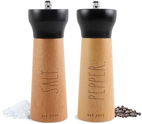 Rae Dunn Stylish Black Bamboo Stainless Steel Salt Pepper Grinder Set