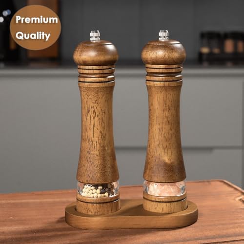 Mosuniro 2-Piece Salt Pepper Grinder Set with Wooden Tray Adjustable Coarseness