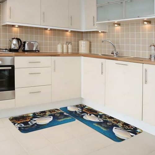 White-Golden Fish Print Kitchen Mat Non-Slip Waterproof Comfortable