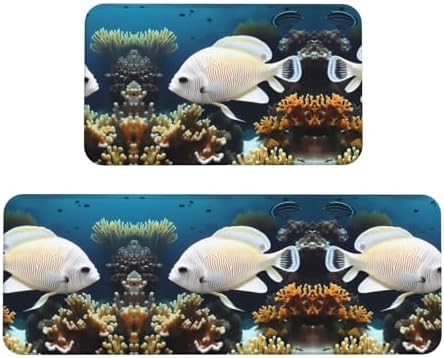 White-Golden Fish Print Kitchen Mat Non-Slip Waterproof Comfortable