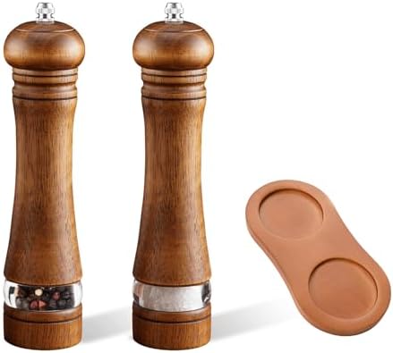 Mosuniro 2-Piece Salt Pepper Grinder Set with Wooden Tray Adjustable Coarseness