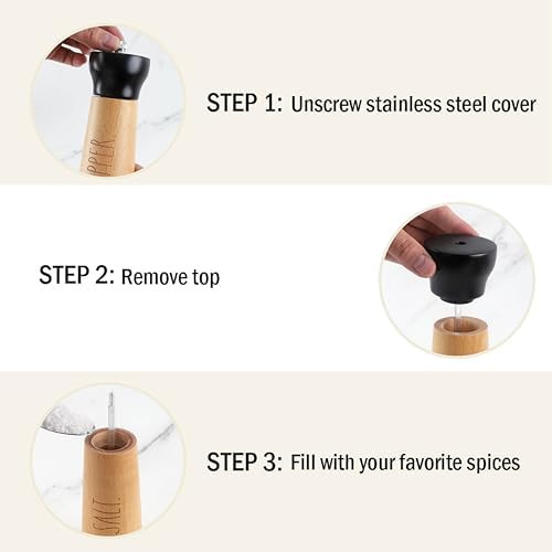 Rae Dunn Stylish Black Bamboo Stainless Steel Salt Pepper Grinder Set