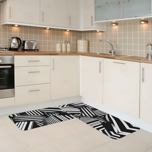 2-Pack Black and White Geometric Kitchen Floor Mats