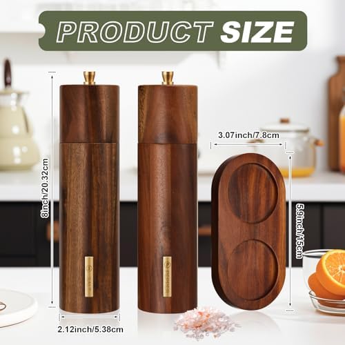 LOYIM8-Inch Wooden Salt Pepper Mill Set with Adjustable Grind Refillable Design