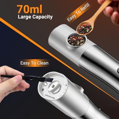 Arcselong Electric Salt Pepper Grinder Set Stainless Steel Top Rechargeable Base