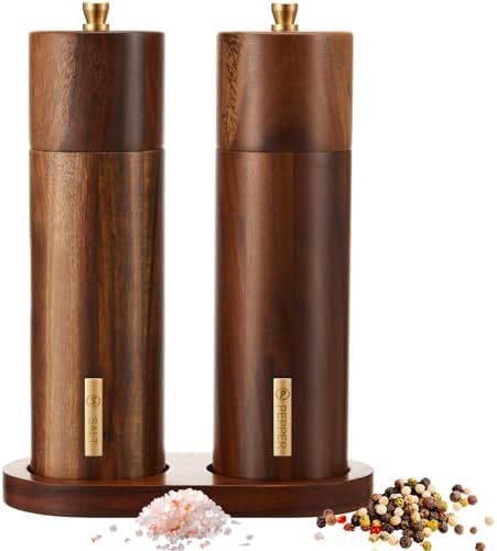 LOYIM8-Inch Wooden Salt Pepper Mill Set with Adjustable Grind Refillable Design