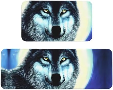 Wolf Under Moon Print Kitchen Mats 2 Set - Non-Slip Waterproof Ergonomic Fashionable