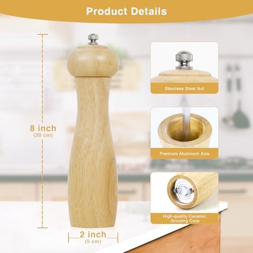 8-Inch Oak Wood Pepper Grinder with Adjustable Settings