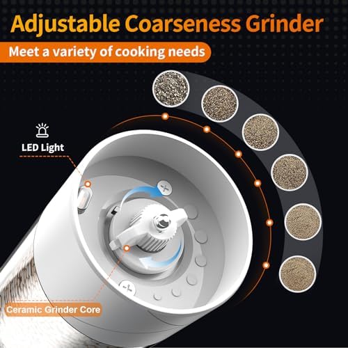 Double-Pack Electric Salt and Pepper Grinder Set with Adjustable Coarseness Warm Light