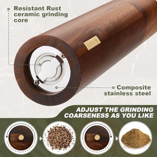 LOYIM8-Inch Wooden Salt Pepper Mill Set with Adjustable Grind Refillable Design