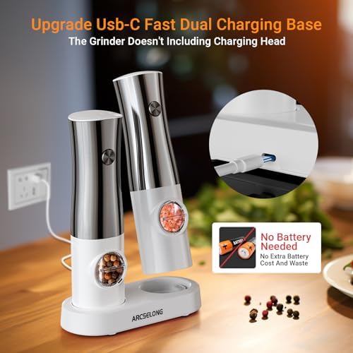 Arcselong Electric Salt Pepper Grinder Set Stainless Steel Top Rechargeable Base