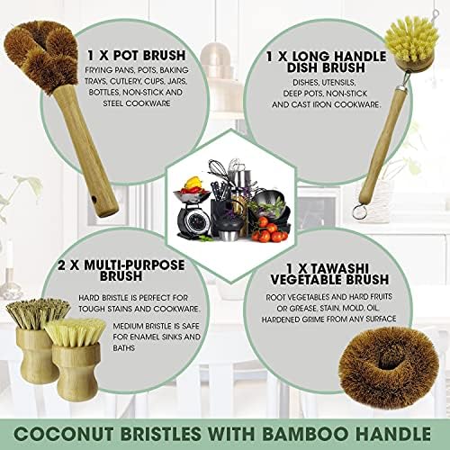 CEREM5-Piece Bamboo Dish Brush Set for Eco-Friendly Kitchen Cleaning