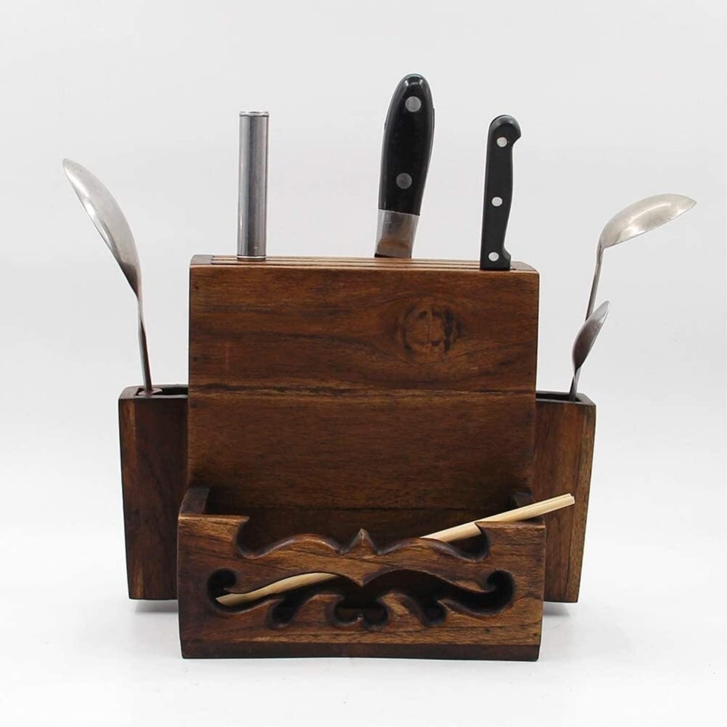 Rutavm Kitchen Knife Holder Wooden Tool Storage Rack for Countertops