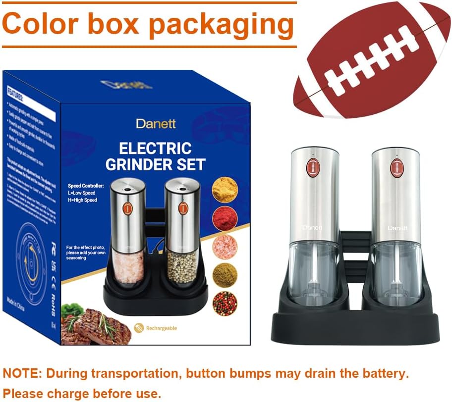 Fast Powerful Dual Speed 2-Pack Rechargeable Electric Salt Pepper Grinder Set