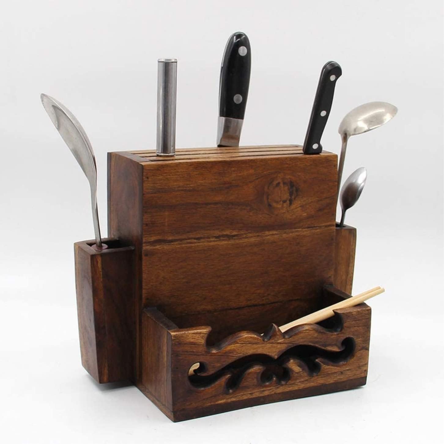 Rutavm Kitchen Knife Holder Wooden Tool Storage Rack for Countertops