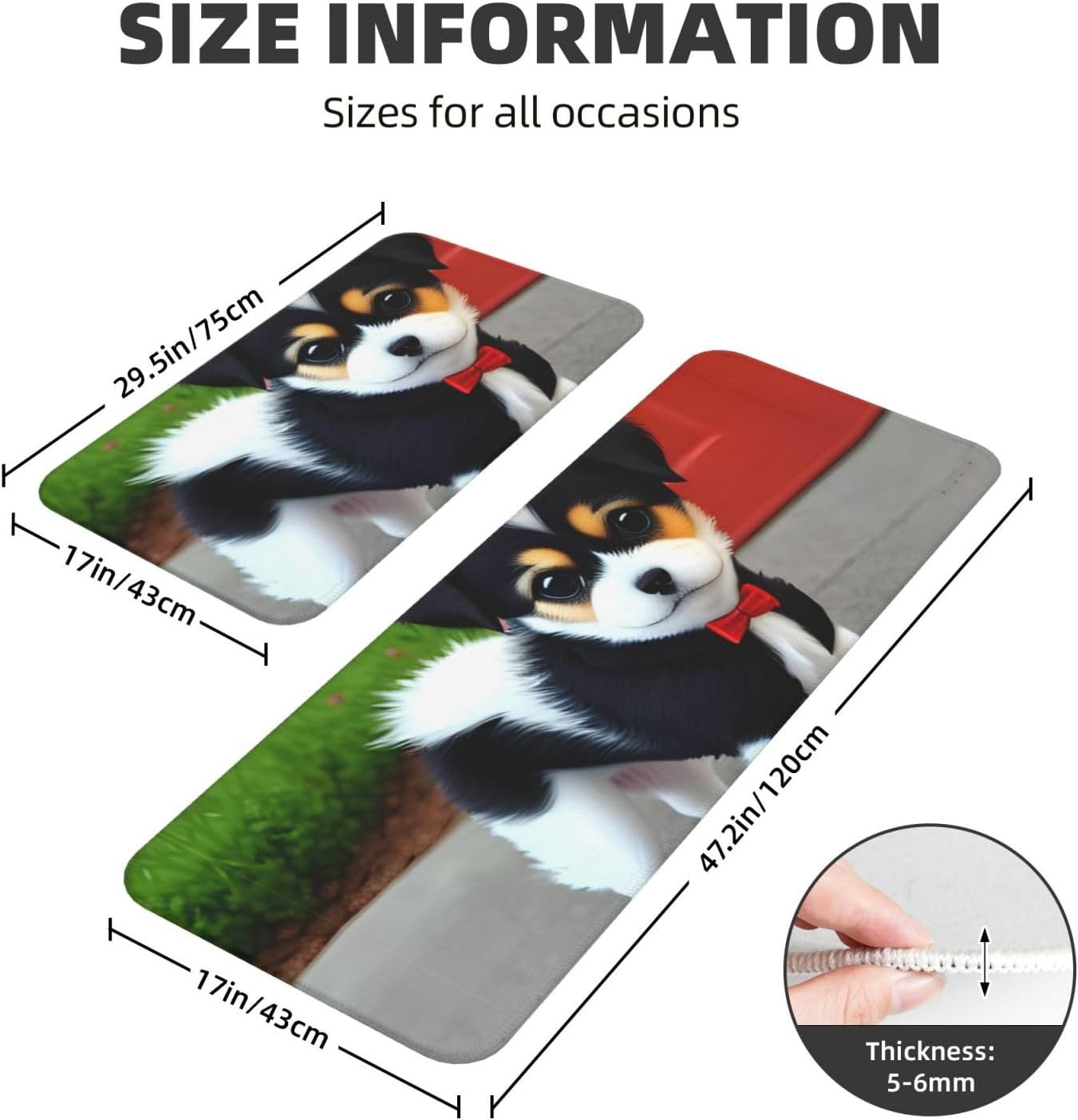 Black and White Puppy Print Kitchen Mats Durable Water Repellent