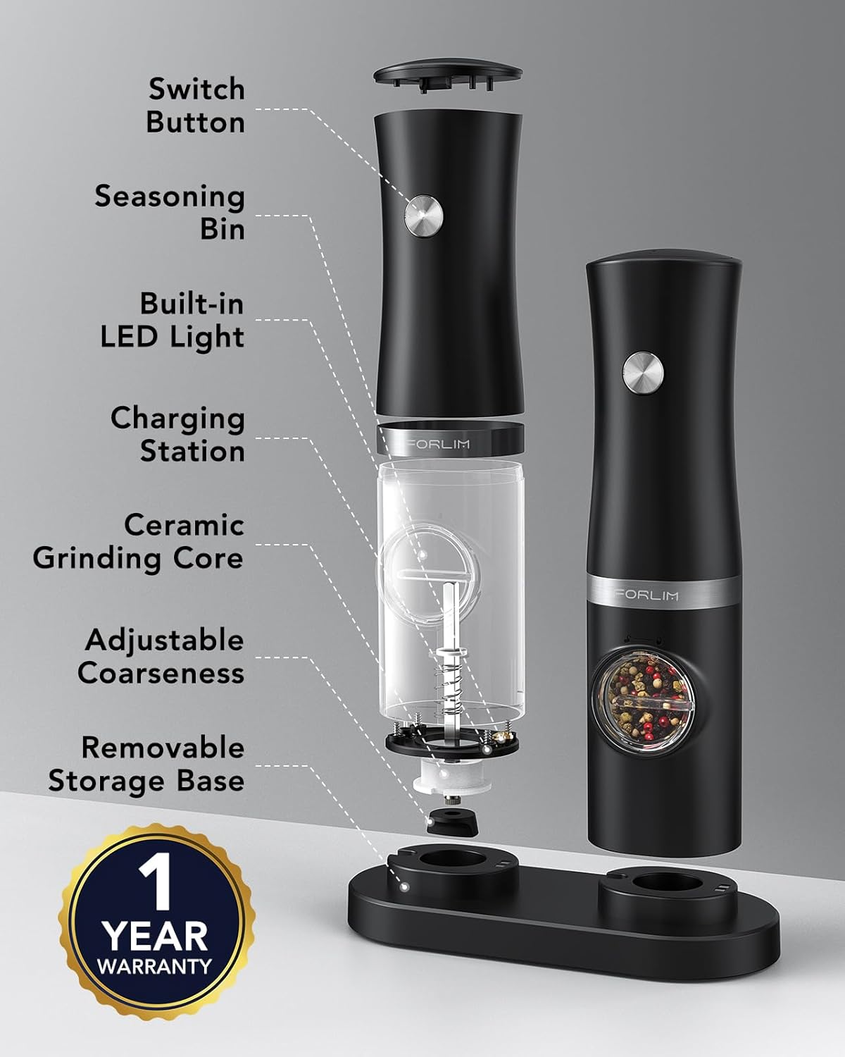 FORLIM Rechargeable Electric Salt Pepper Grinder Set with Charging Base
