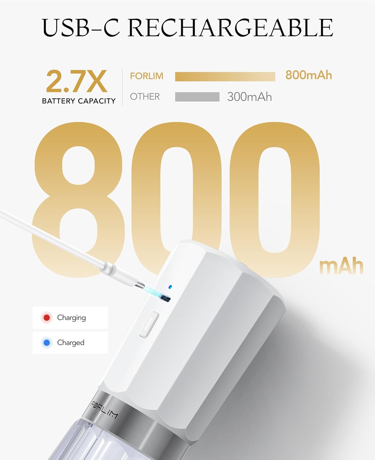 FORLIM 2-Speed Electric Salt Pepper Grinder 800mAh Rechargeable Auto-Reverse Clean White