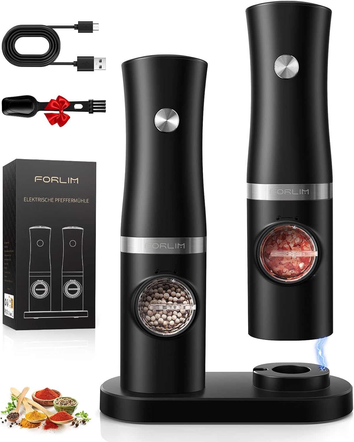 FORLIM Rechargeable Electric Salt Pepper Grinder Set with Charging Base