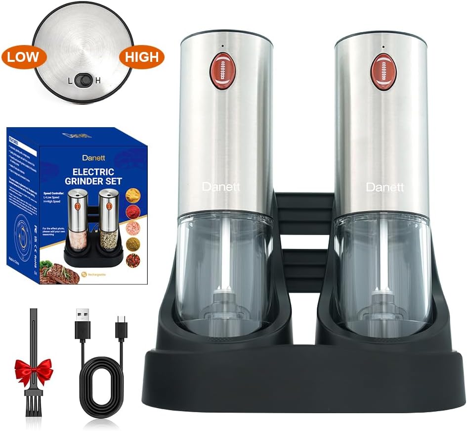 Fast Powerful Dual Speed 2-Pack Rechargeable Electric Salt Pepper Grinder Set