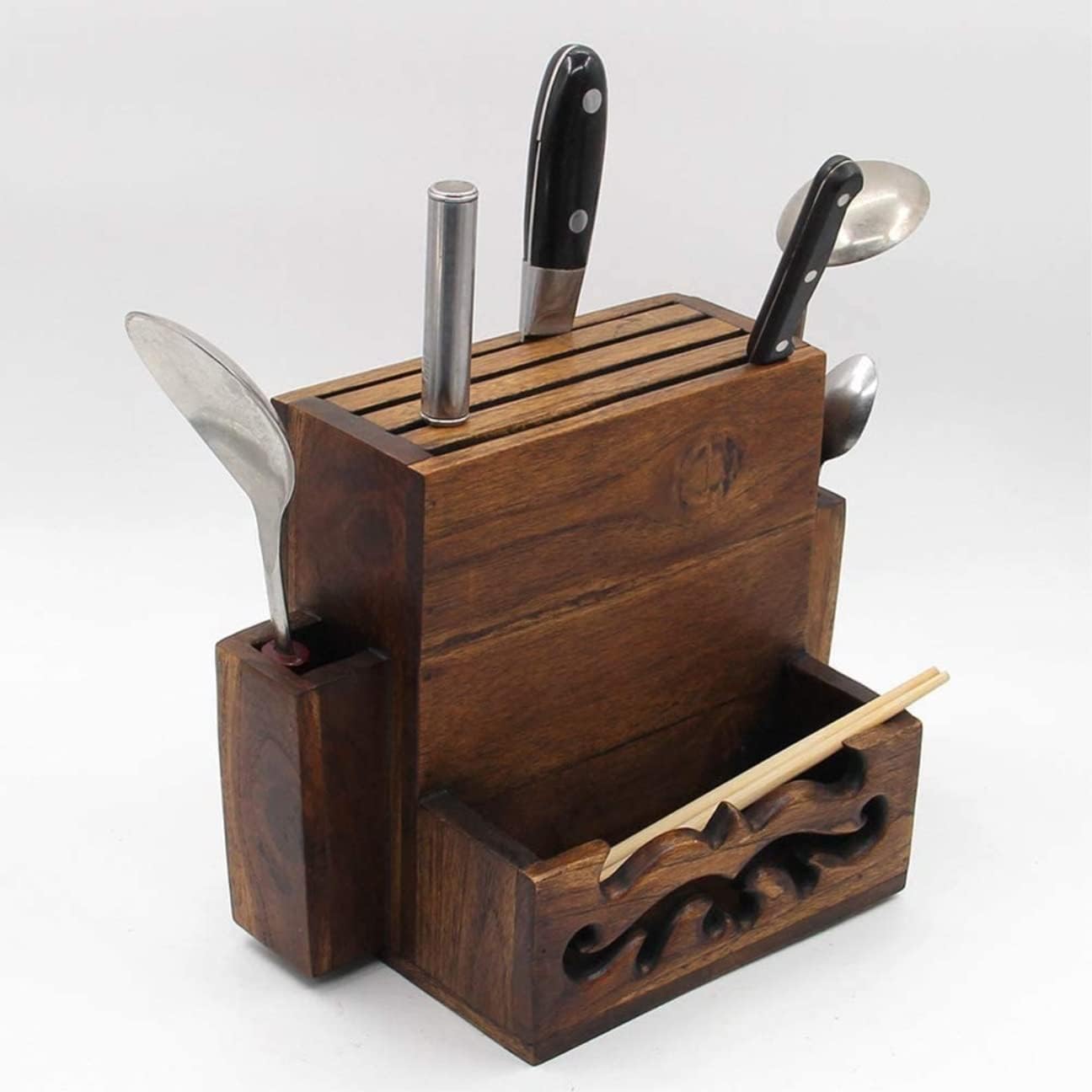 Rutavm Kitchen Knife Holder Wooden Tool Storage Rack for Countertops