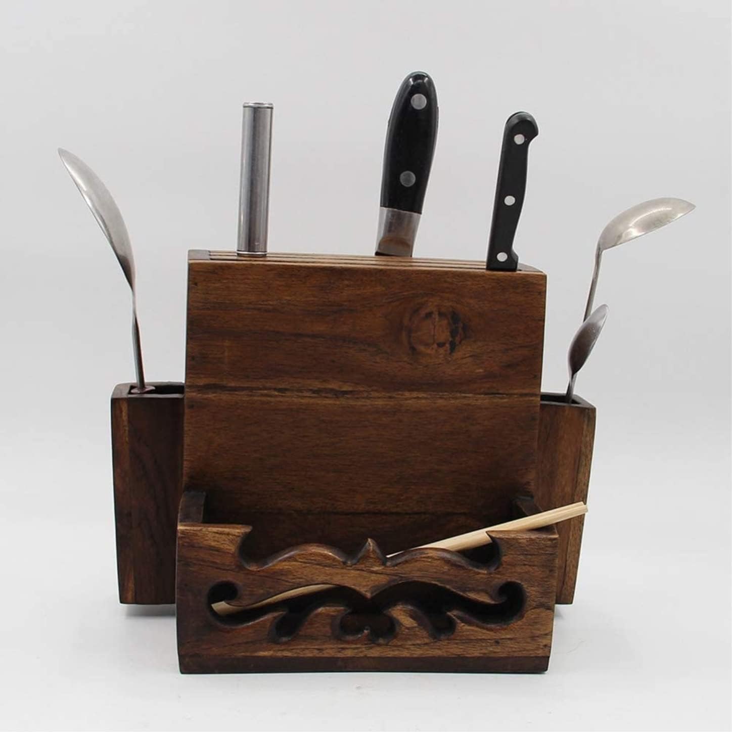 Rutavm Kitchen Knife Holder Wooden Tool Storage Rack for Countertops