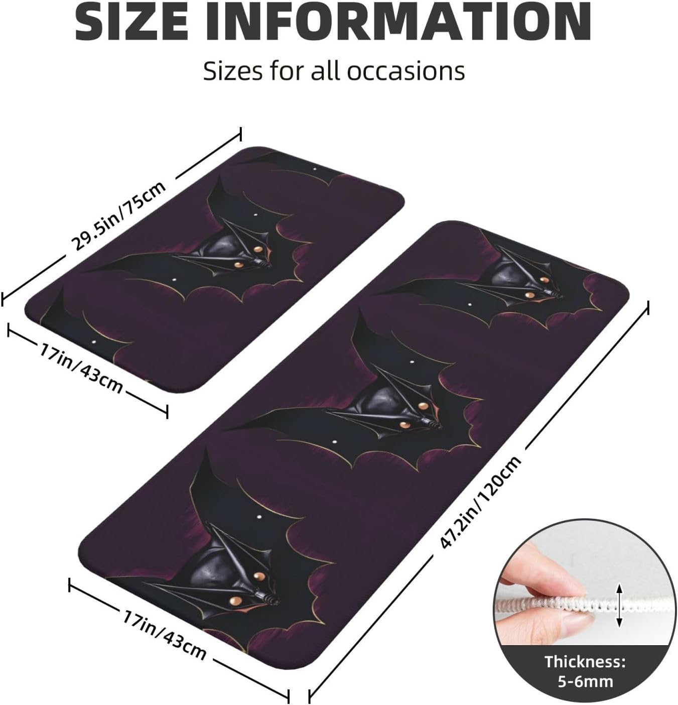 Black Ghost Bat Print Kitchen Mats 2 Sets