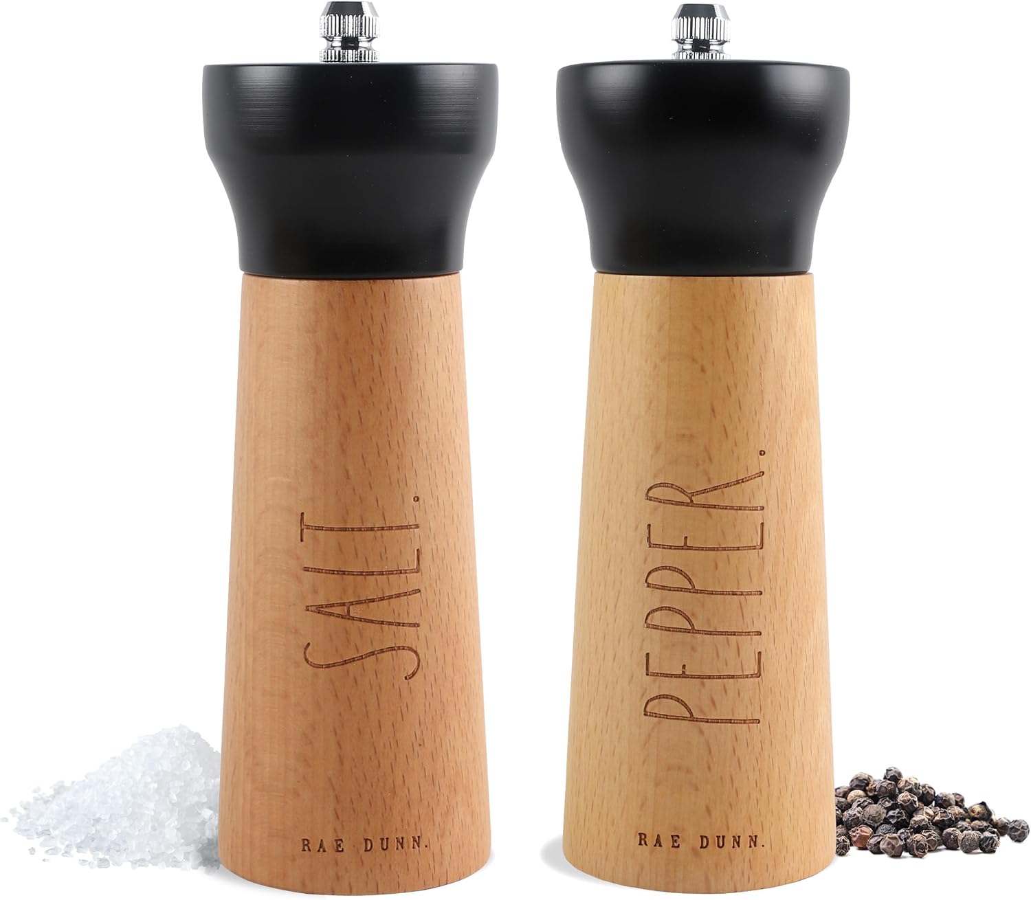 Rae Dunn Stylish Black Bamboo Stainless Steel Salt Pepper Grinder Set