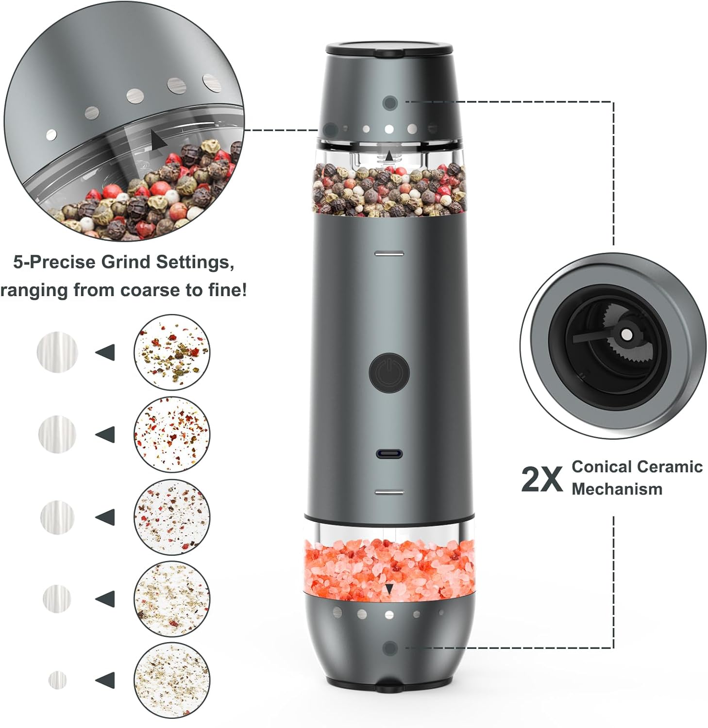 Electric Salt and Pepper Grinder Set with Dual Heads