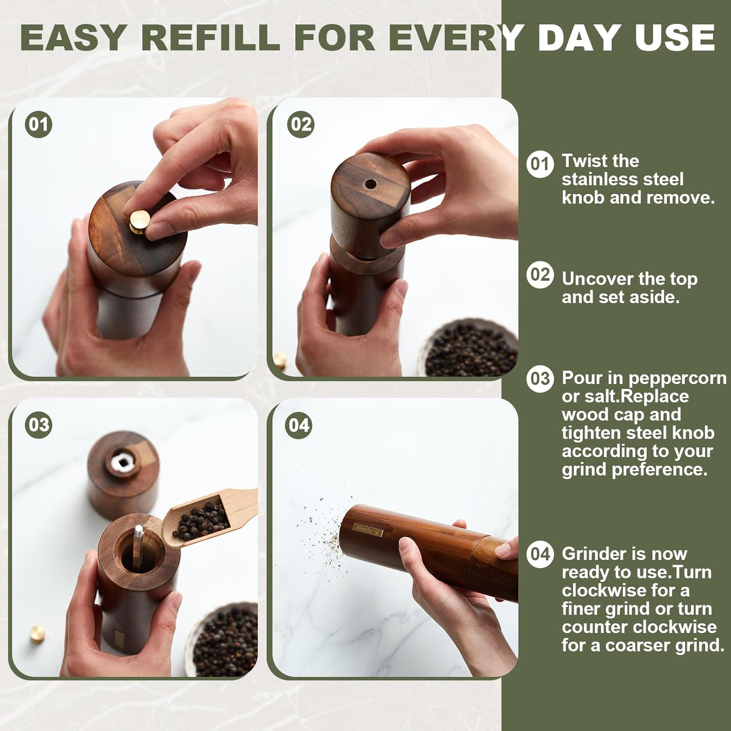 LOYIM8-Inch Wooden Salt Pepper Mill Set with Adjustable Grind Refillable Design