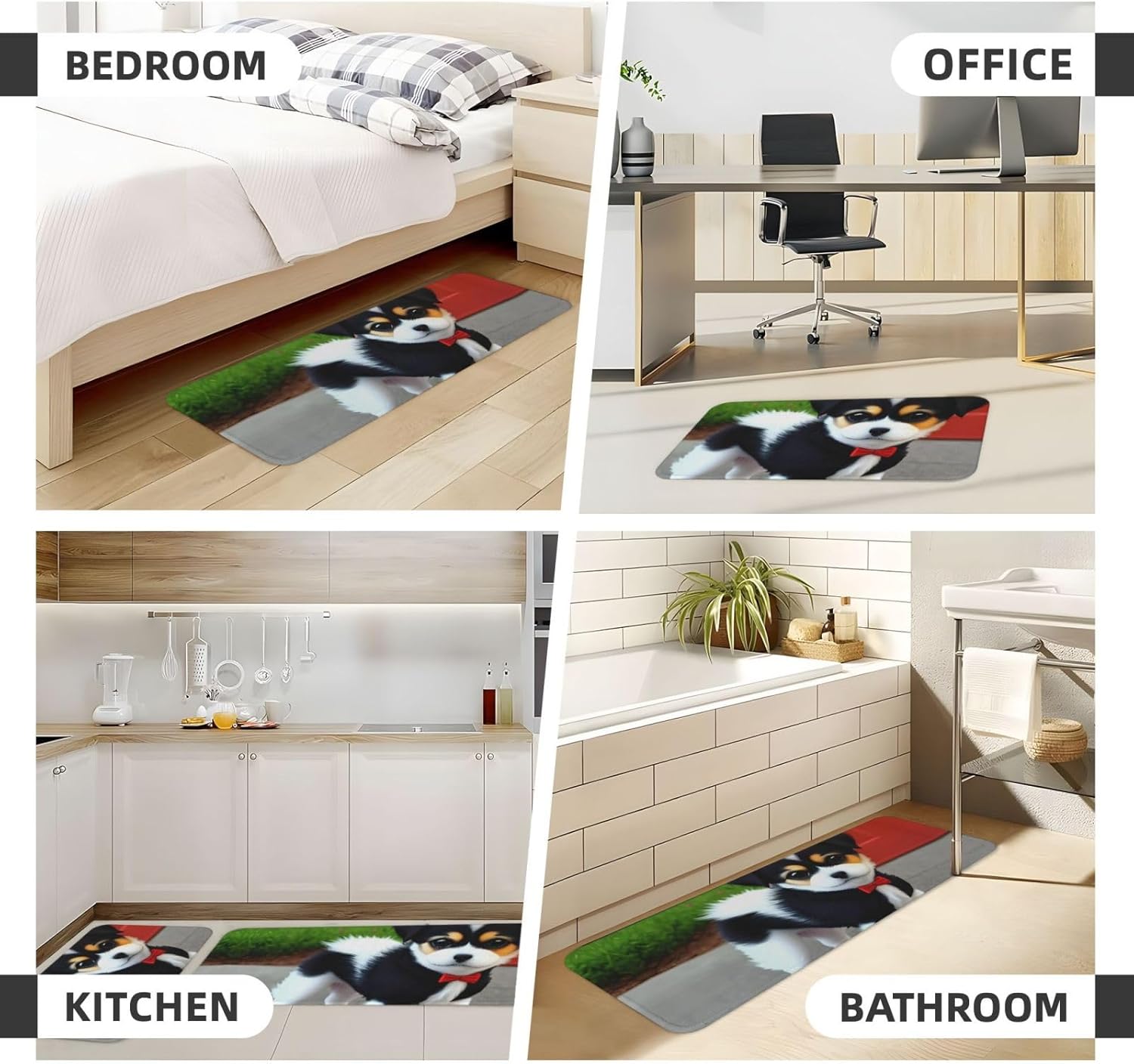 Black and White Puppy Print Kitchen Mats Durable Water Repellent