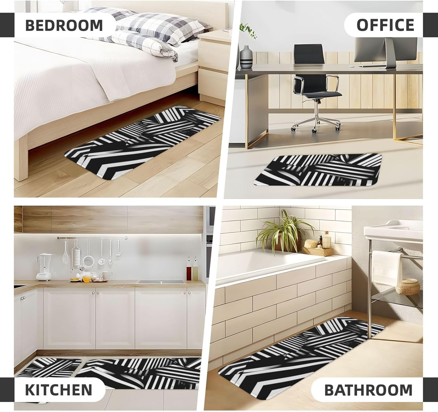 2-Pack Black and White Geometric Kitchen Floor Mats