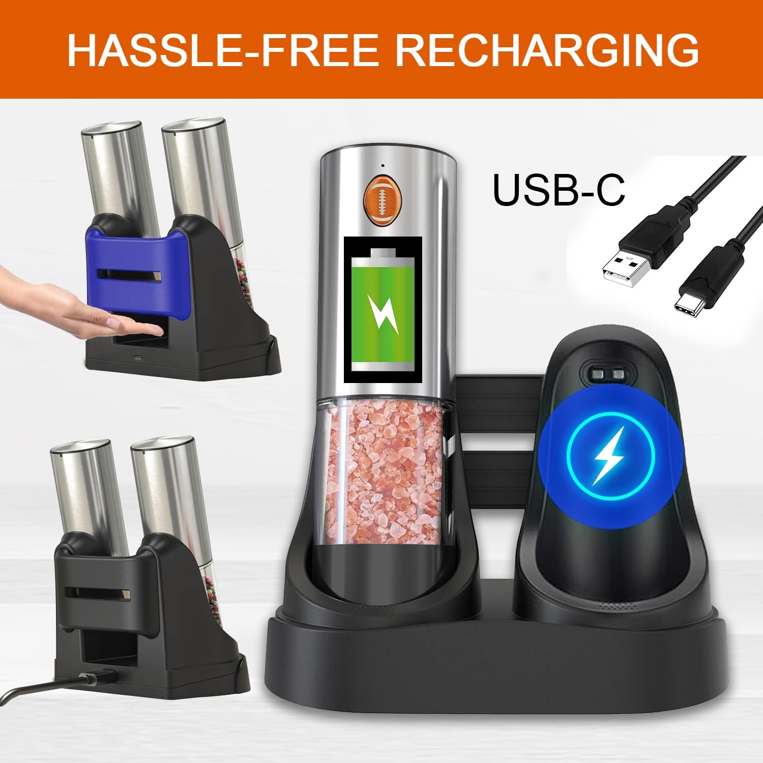 Fast Powerful Dual Speed 2-Pack Rechargeable Electric Salt Pepper Grinder Set