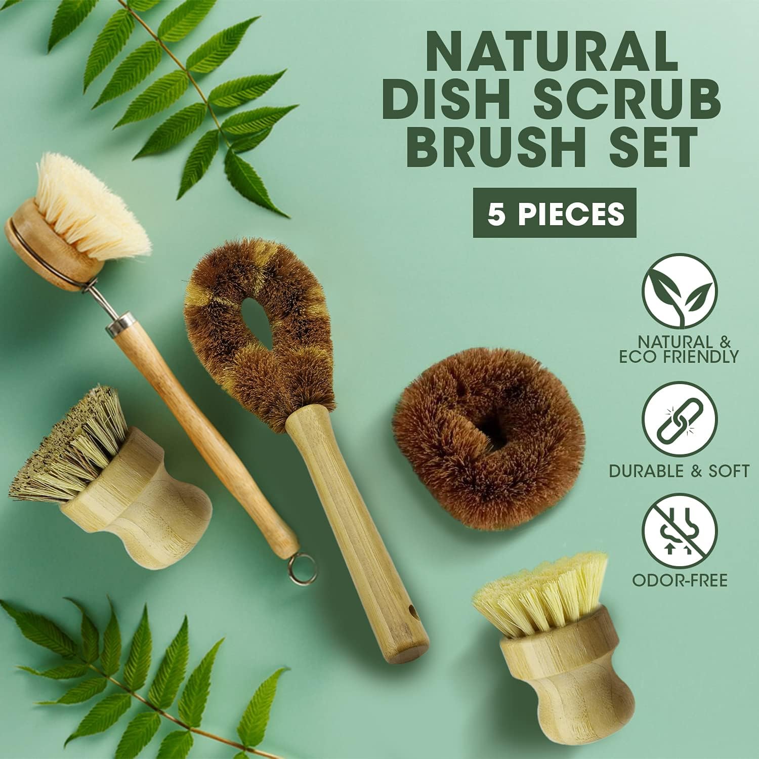 CEREM5-Piece Bamboo Dish Brush Set for Eco-Friendly Kitchen Cleaning