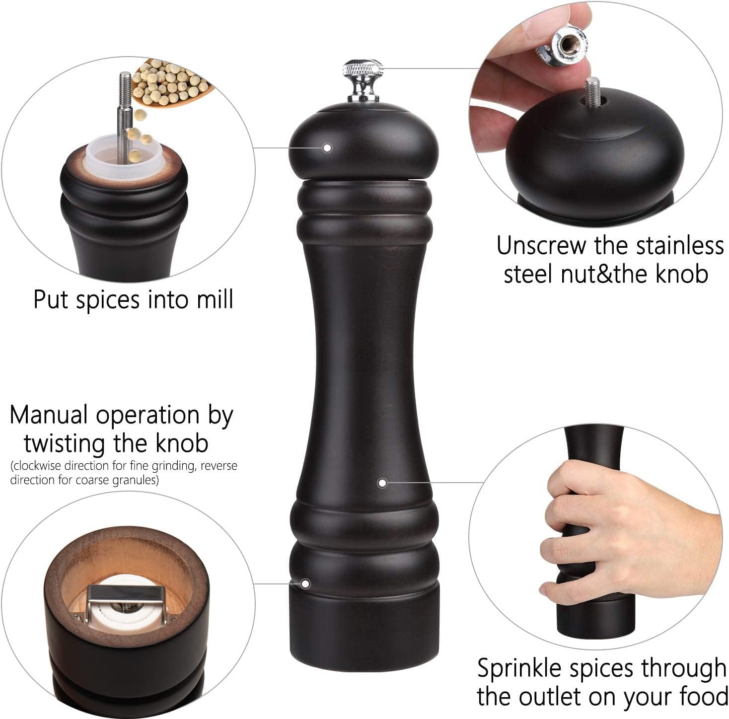 Black Pepper Mill Salt Grinder Refillable Adjustable Coarseness Ceramic