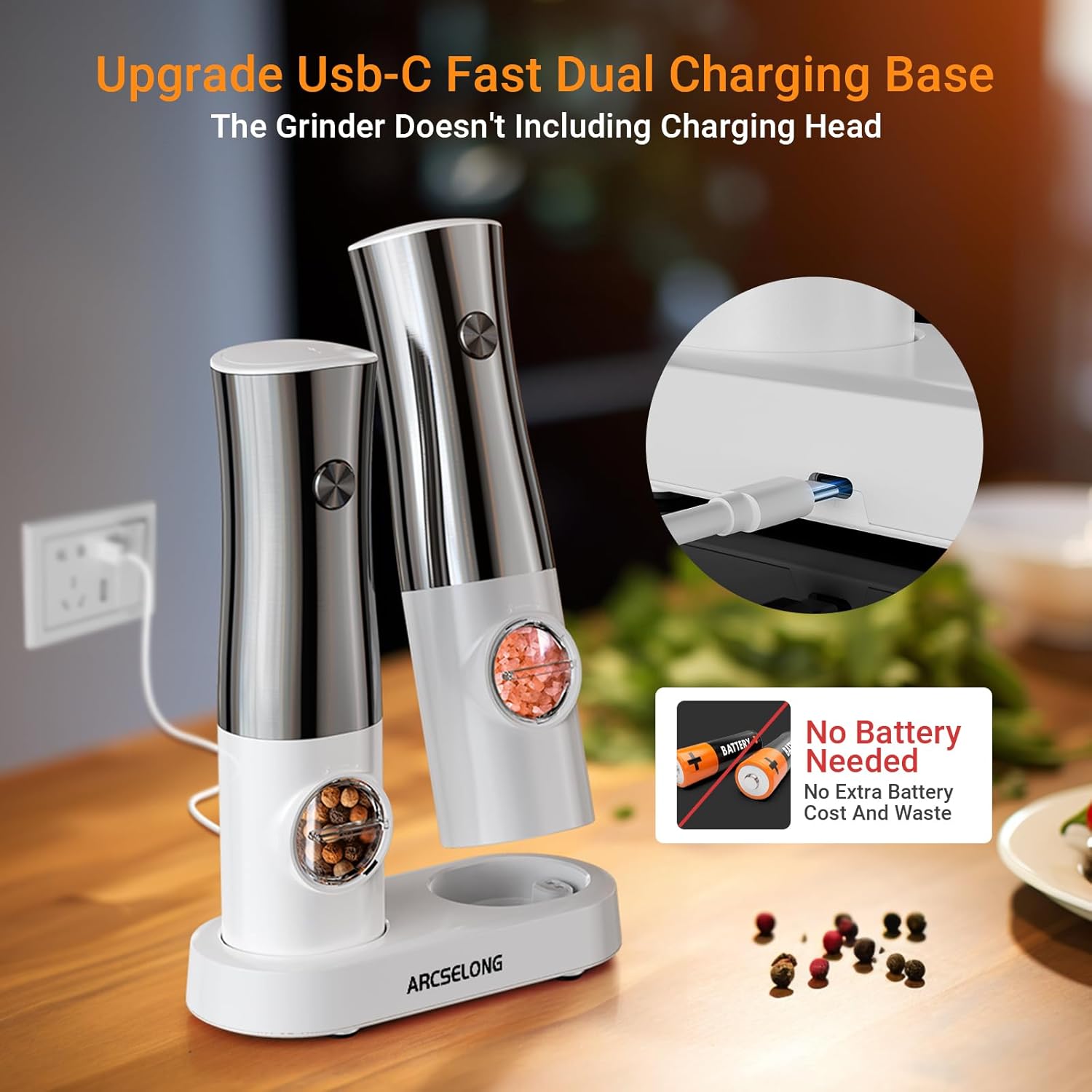 Arcselong Electric Salt Pepper Grinder Set Stainless Steel Top Rechargeable Base