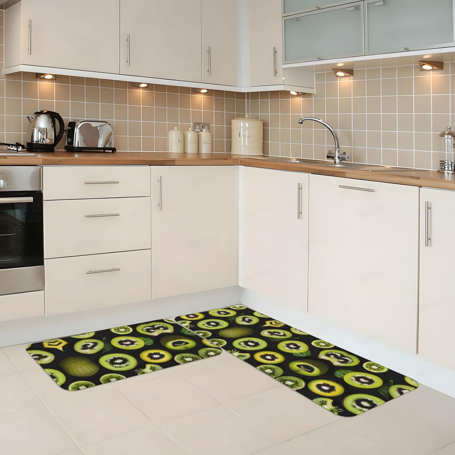 Experience the perfect kitchen floor with JxWCher Green Kiwi Print Rugs