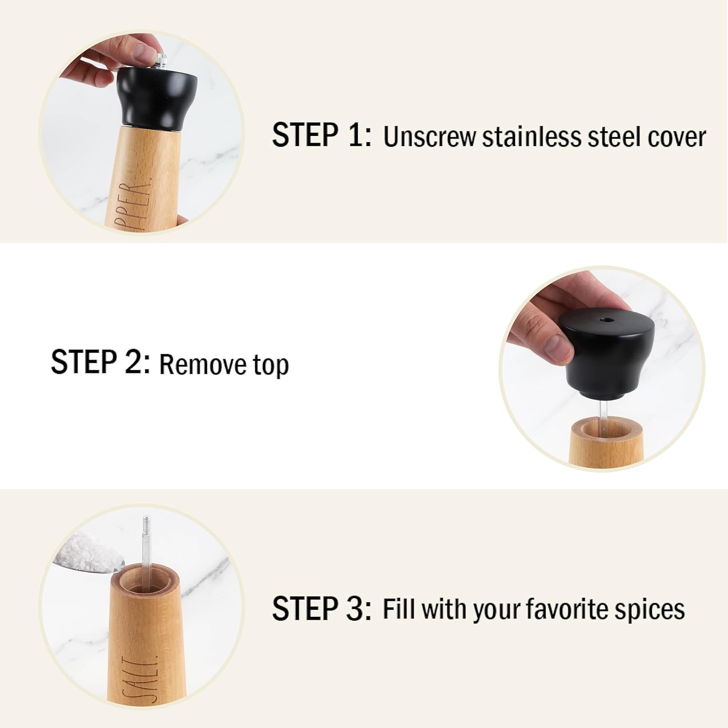 Rae Dunn Stylish Black Bamboo Stainless Steel Salt Pepper Grinder Set