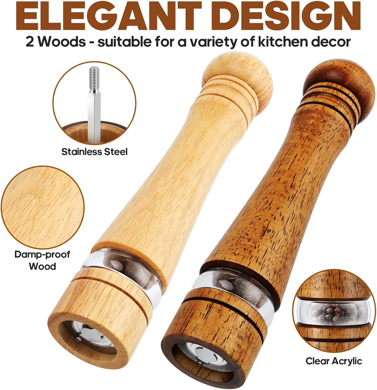 Elegant Twin 10-Inch Wooden Salt and Pepper Mill Set