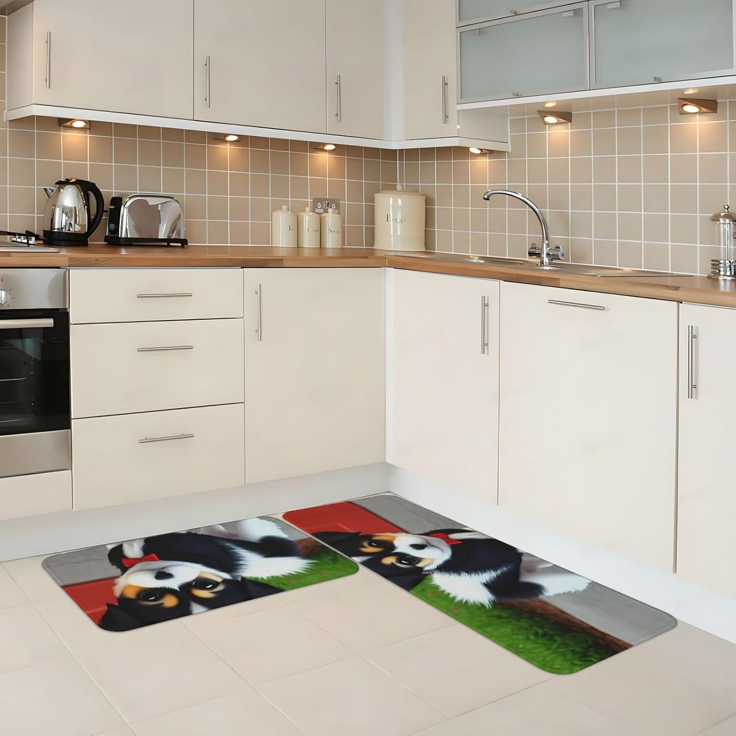 Black and White Puppy Print Kitchen Mats Durable Water Repellent