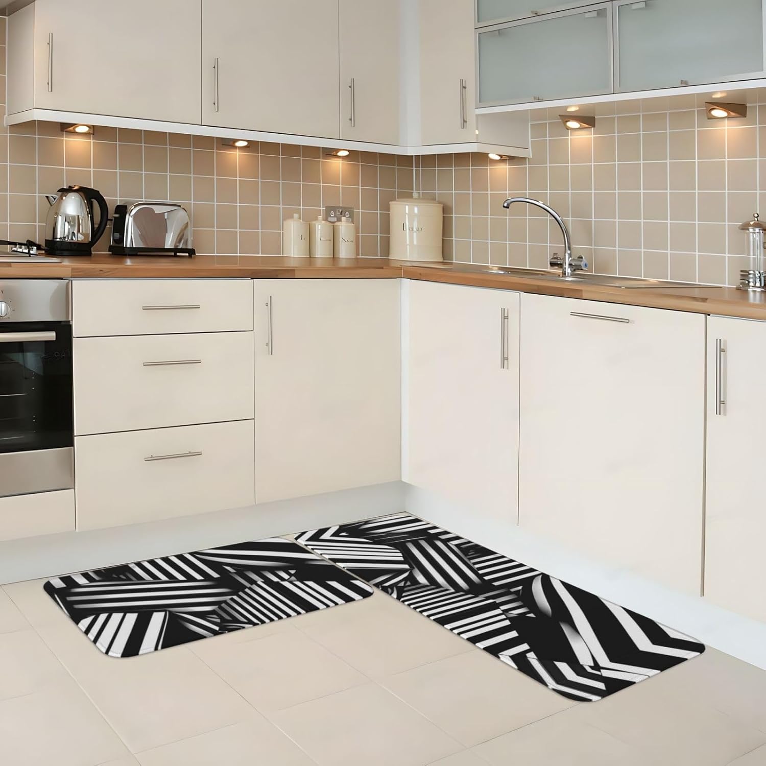 2-Pack Black and White Geometric Kitchen Floor Mats