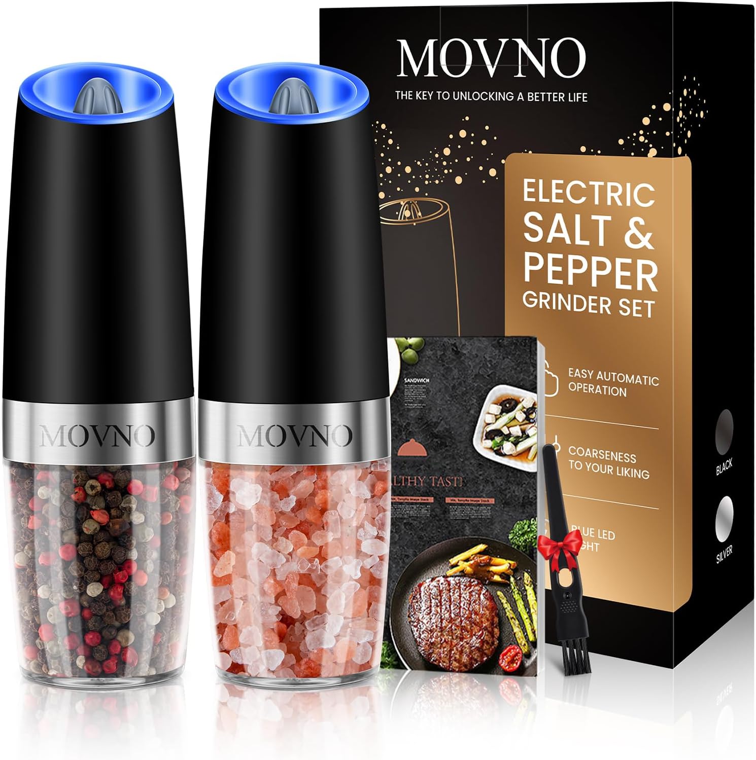 MOVNO Gravity Electric Pepper Salt Grinder Set with LED Light