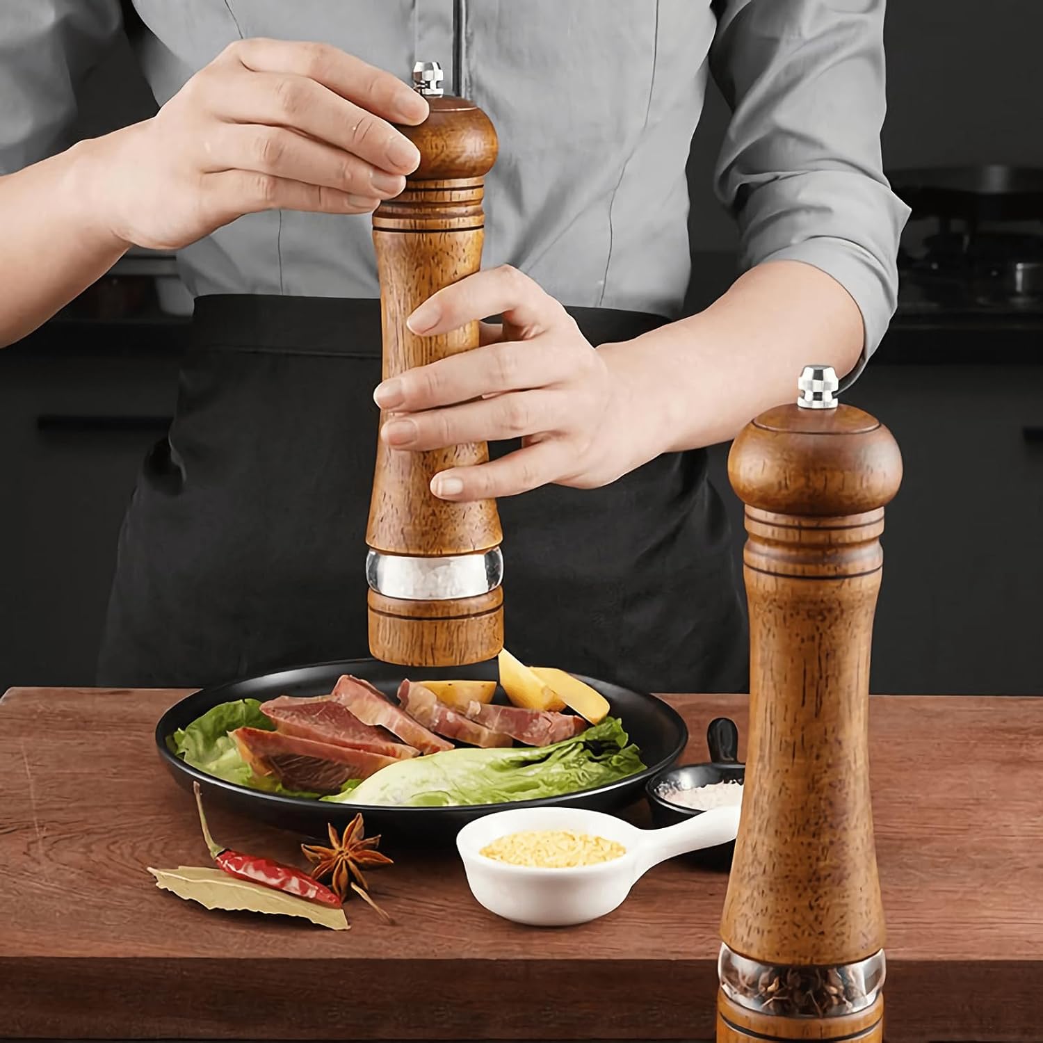 Mosuniro 2-Piece Salt Pepper Grinder Set with Wooden Tray Adjustable Coarseness