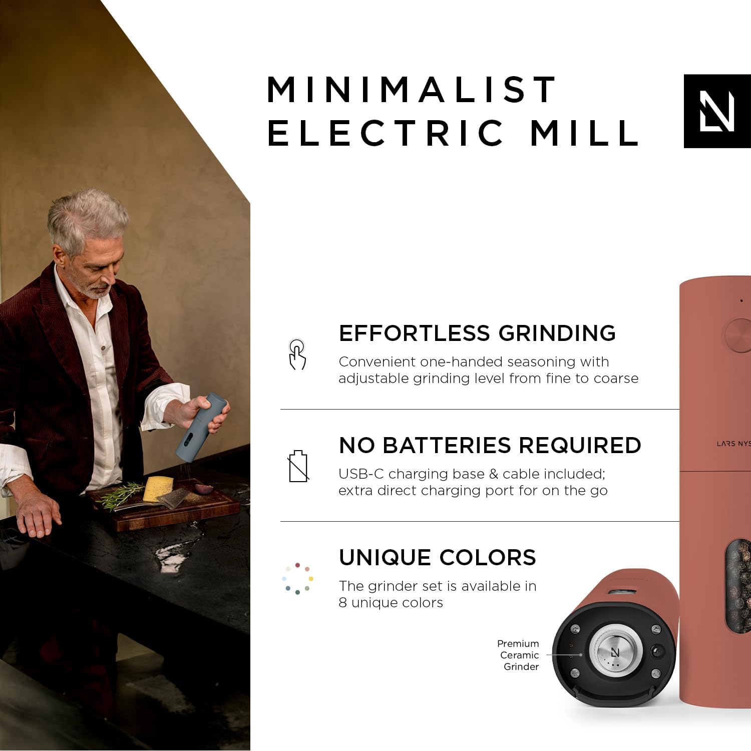 LARS NYSM Electric Salt Pepper Mill Set 2 Pieces Brick Red