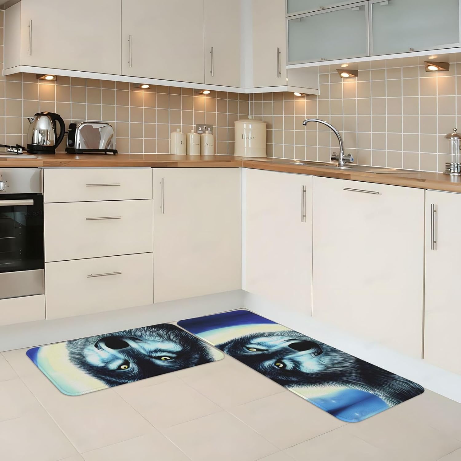 Wolf Under Moon Print Kitchen Mats 2 Set - Non-Slip Waterproof Ergonomic Fashionable
