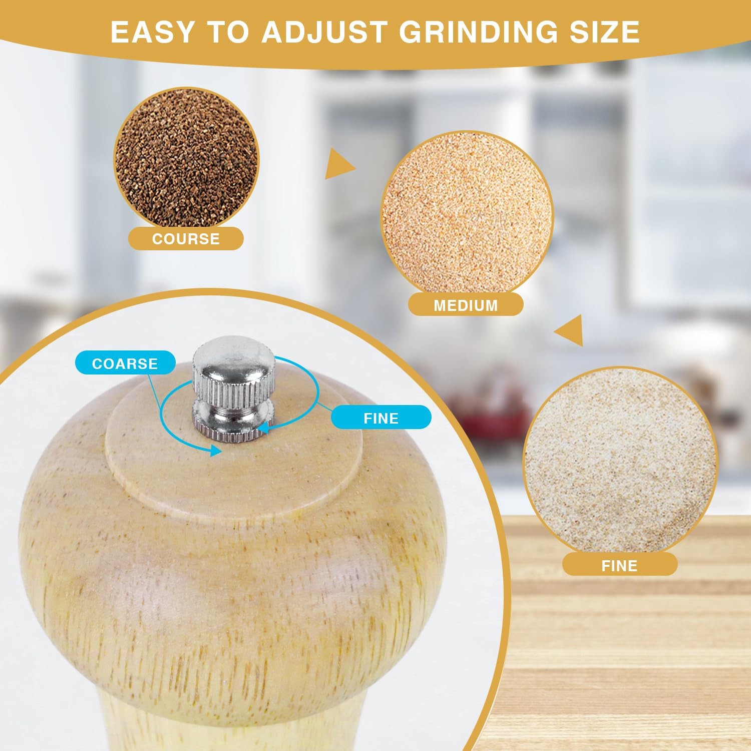 8-Inch Oak Wood Pepper Grinder with Adjustable Settings