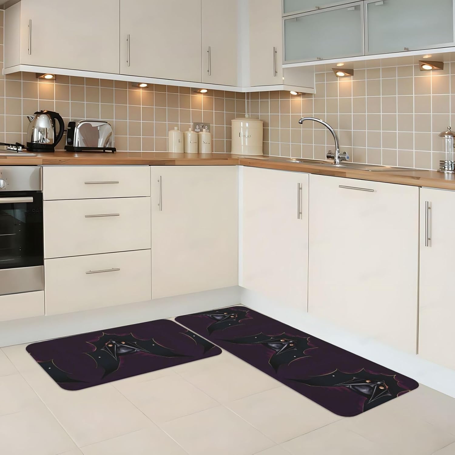 Black Ghost Bat Print Kitchen Mats 2 Sets