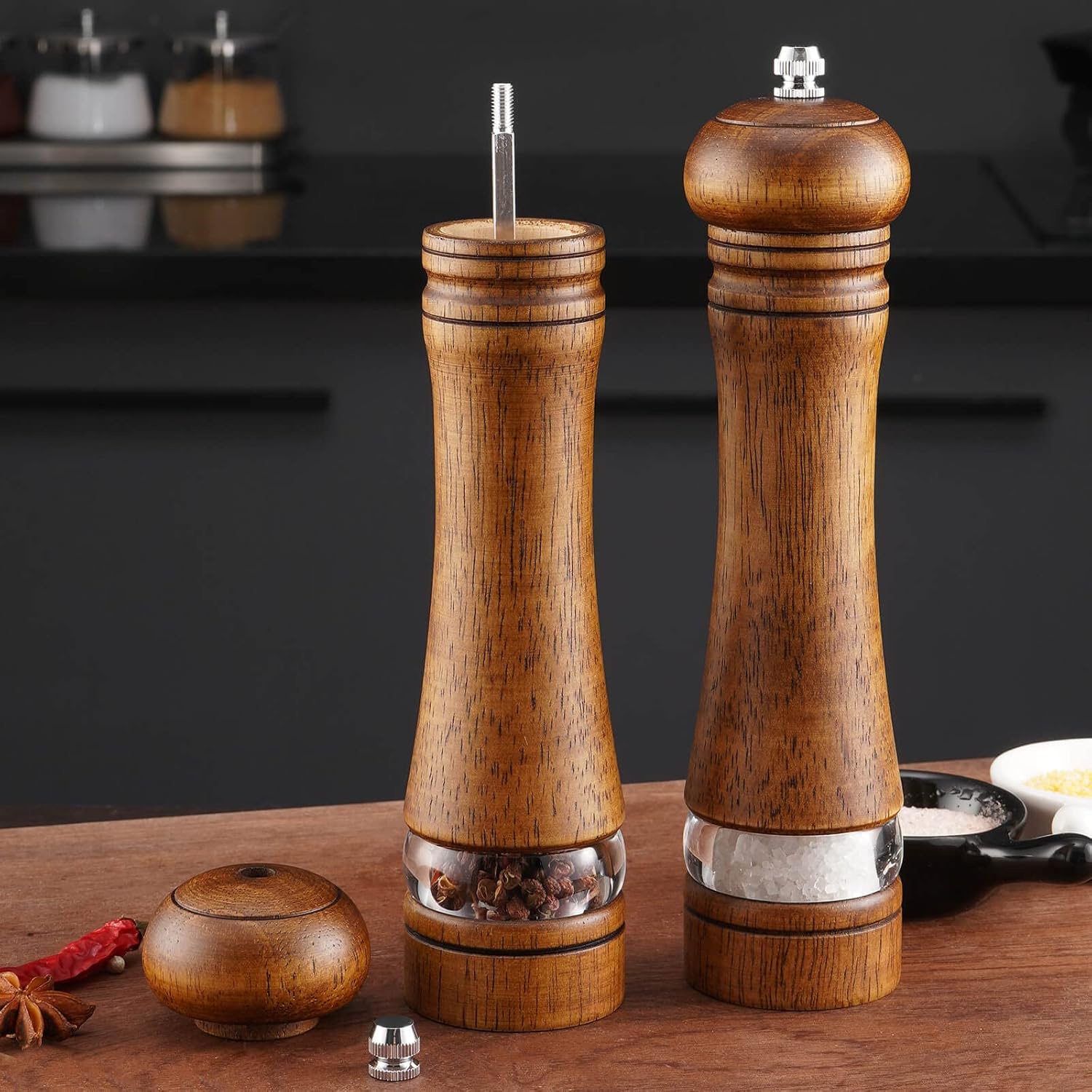 Mosuniro 2-Piece Salt Pepper Grinder Set with Wooden Tray Adjustable Coarseness