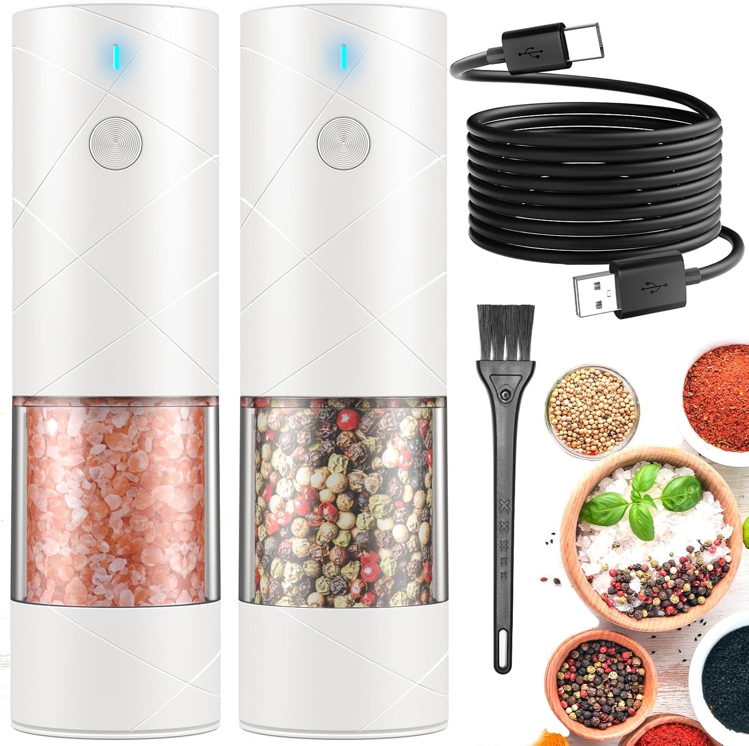 Double-Pack Electric Salt and Pepper Grinder Set with Adjustable Coarseness Warm Light