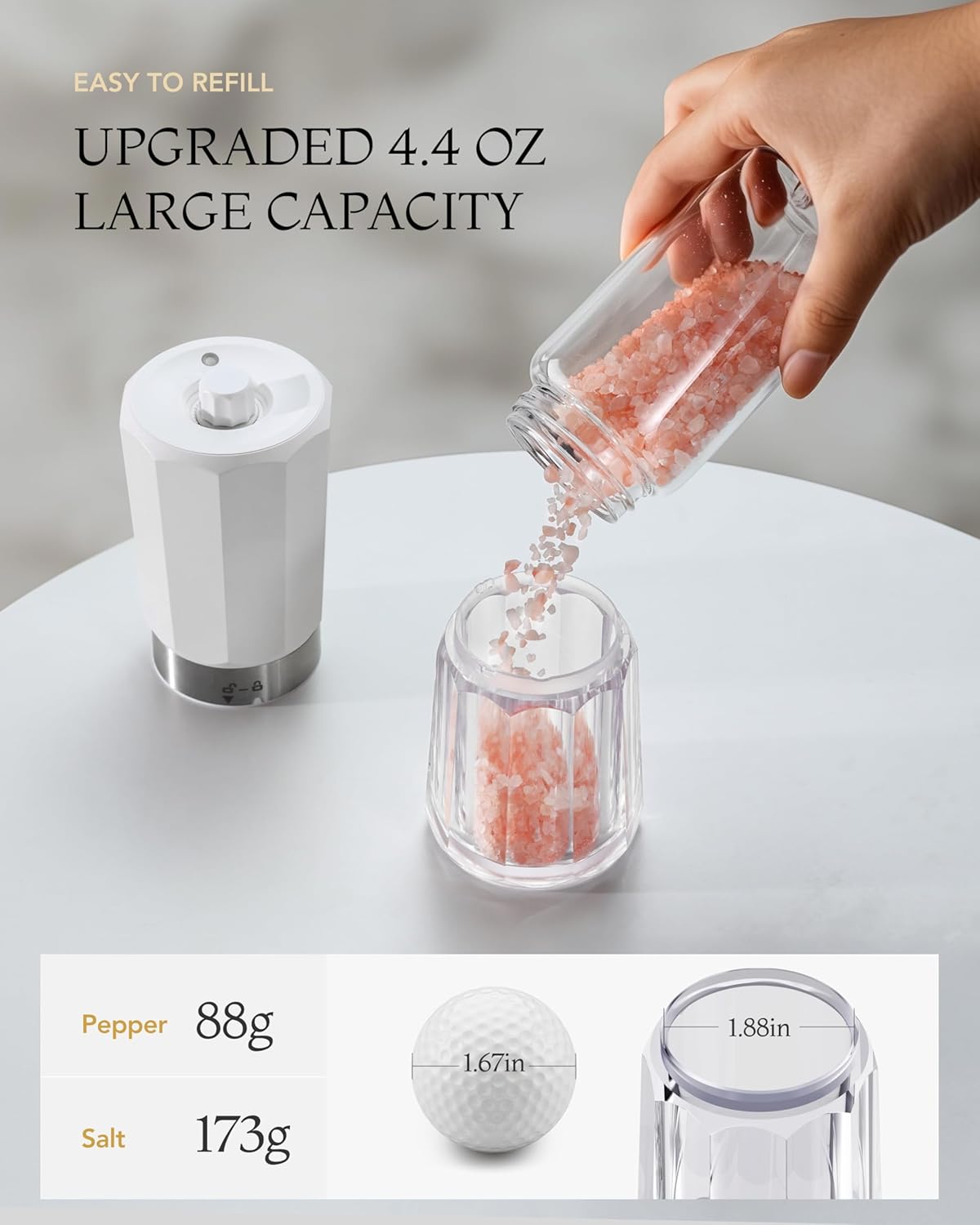 FORLIM 2-Speed Electric Salt Pepper Grinder 800mAh Rechargeable Auto-Reverse Clean White
